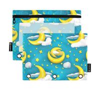 Astuccio per raccoglitori a 3 anelli, giallo mezzaluna blu, con cerniera, per matite e matite, stampe divertenti, trasparenti, portapenne, tessuto scolastico, 24,9 x 18 cm, 2 confezioni