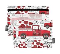 Astuccio per raccoglitori a 3 anelli, motivo camioncino con cuore rosso scozzese, astuccio per matite e cosmetici, con cerniera trasparente, per ufficio, viaggi, cosmetici, confezione da 2, Love Truck
