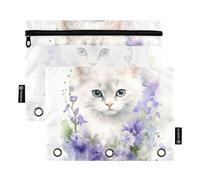 Astuccio per raccoglitori a 3 anelli, motivo fiori viola intorno al gatto, astuccio per matite e cosmetici, con cerniera trasparente, per ufficio, viaggi, cosmetici, confezione da 2, Fiori viola