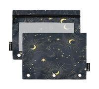 Astuccio per raccoglitori a 3 anelli, motivo luna mistica, piante, stelle, con cerniera, astuccio portapenne con finestra trasparente, per scuola, ufficio, confezione da 2, Multi