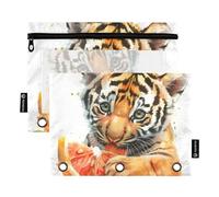 Astuccio per raccoglitori a 3 anelli, motivo tigre che mangia una fetta di arancia, astuccio per matite e cosmetici, con cerniera trasparente, per cosmetici da ufficio, viaggi, confezione da 2, Tiger