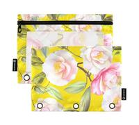 Astuccio per ragazze a 3 anelli, raccoglitore con cerniera, astuccio per la scuola, tasche trasparenti, camelia e orchidea, rosa, 24,9 x 18 cm, 2 confezioni