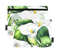 Astuccio per ragazze a 3 anelli, raccoglitore con cerniera, astuccio trasparente per la scuola, con tasche bianche, calle, foglie verdi lussureggianti, 24,9 x 18 cm, 2 confezioni