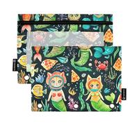 Astuccio per ragazze a 3 anelli, raccoglitore con cerniera, per la scuola, con tasche trasparenti, con gatti acquatici, sirene subacquee, 24,9 x 18 cm, 2 confezioni