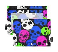 Astuccio per ragazzi a 3 anelli, con cerniera, per la scuola, con tasche trasparenti, con teschi colorati, rosa fluo, 24,9 x 18 cm, 2 confezioni