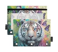 Astuccio per ragazzi a 3 anelli, raccoglitore con cerniera, astuccio trasparente per penne, scuola con pittura vibrante tigre farfalla 24,9 x 18 cm, 2 confezioni