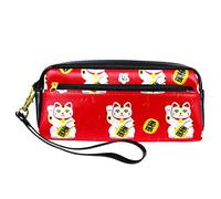 Astuccio per ragazzi e ragazze con cerniera, simpatico cartone animato giapponese Lucky Neko Cats sfondo rosso per studenti astuccio da scrivania organizer per scuola lavoro ufficio, Multicolore