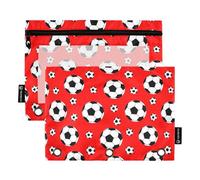 Astuccio per studenti a 3 anelli, per penne, matite, con cerniera, colore rosa, per la scuola, trasparenti, tasche, palloni da calcio, rosso vivace, 24,9 x 18 cm, 2 confezioni
