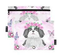 Astuccio per studenti a 3 anelli, raccoglitore con cerniera, astuccio per penne con cerniera trasparente, astuccio per penne scolastiche carine cartoni animati Shih Tzu cani rosa 24,9 x 18 cm, 2