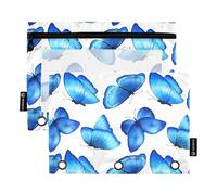 Astuccio per studenti per raccoglitori a 3 anelli, con cerniera, astuccio per matite e penne, trasparente, per la scuola, con tasche blu e ali con farfalle bianche, 24,9 x 18 cm, 2 confezioni
