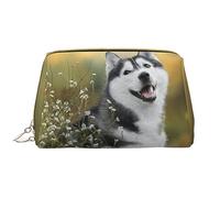 Astuccio per trucchi con candele e orchidee e pelle, lavabile, da donna, da viaggio, con cerniera, astuccio organizer, Cani Husky carino, Taglia unica