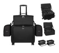 Astuccio per trucchi professionale 4 in 1, extra large, con 7 piccole borse, trolley per trucchi, con ruote girevoli e divisori regolabili, Nero , Trucco Professionale Artista Rolling Makeup Case