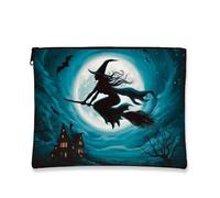Astuccio per trucco per strega di Halloween, cielo notturno incantato, borsa cosmetica portatile per donna, design spaventoso, organizzatore da toilette da viaggio, regalo di festival per, nero/bianco