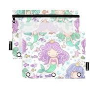 Astuccio personalizzato per 3 raccoglitori ad anelli, carini cartoni animati, sirene, colorate, con cerniera, per la scuola, trasparenti, tasche carine, 24,9 x 18 cm, 2 confezioni