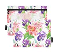 Astuccio personalizzato per raccoglitori a 3 anelli, motivo floreale, gigli, iris, rosa, viola, con cerniera, per la scuola, tasche trasparenti, 24,9 x 18 cm, 2 confezioni