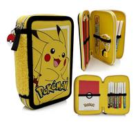 Astuccio Pokémon Pikachu a Doppio Scomparto Completo - Con Matite Colorate, Pennarelli, Quaderno, Righello, Gomma e Temperamatite - Giallo - 19,5 x 13,5 x 4,5 cm