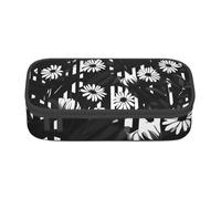 Astuccio portamatite a righe bianche e nere con fiori stampati, borsa portatile Desigh, borsa da viaggio da donna, borsa da viaggio, Nero , Taglia unica, Astuccio per trucchi