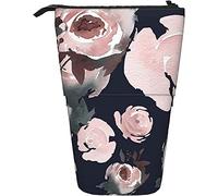 Astuccio portamatite acquerello rose blu navy scuro fiore cancelleria telescopico sacchetto durevole cancelleria organizzatore scatola stampa portatile in piedi astuccio per ragazze, adulti, ufficio,