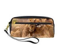 Astuccio portamatite, con leonessa e cucciolo, in pelle PU, con cerniera, per ragazzi e ragazze, per scuola e ufficio