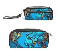 Astuccio portamatite con mappa del mondo, grande capacità, in pelle, con cerniera, portatile, piccola borsa per il trucco, organizer per forniture per ufficio, per donne e uomini