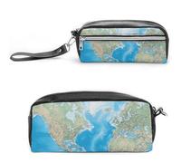 Astuccio portamatite con mappa del mondo, grande capacità, in pelle, con cerniera, portatile, piccola borsa per il trucco, organizer per forniture per ufficio, per donne e uomini