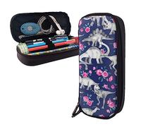 Astuccio portamatite in pelle con dinosauri e rose, grande capacità, astuccio portatile con cerniera per organizer da ufficio, Nero , Taglia unica
