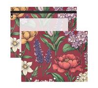Astuccio portamatite in plastica portatile con fiore primaverile su sfondo rosso, per raccoglitori a 3 anelli, confezione da 2 pezzi per insegnanti, forniture artistiche