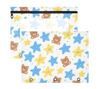 Astuccio portamatite portatile a 3 fori per raccoglitori a 3 anelli, confezione da 2 per insegnante, ritorno a scuola, cantoon blu, giallo, stelle, orsetti carini
