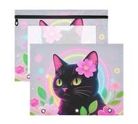 Astuccio portamatite portatile in plastica per lettere formato A4, confezione da 2 pezzi, per studenti e articoli artistici, cartone animato, simpatico gatto nero con fiori