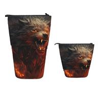 Astuccio portamatite telescopico di grande capacità, motivo: lupo selvatico nel fuoco, astuccio per matite retrattile, portapenne, organizer portatile, borsa per il trucco per forniture per ufficio