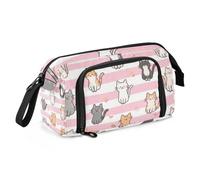 Astuccio portapenne a righe rosa e bianche con gatto dei cartoni animati, grande capacità, astuccio con cerniera con slot per le donne per la scuola media