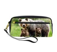 Astuccio portapenne con orso marrone e due cuccioli, astuccio in pelle PU con cerniera, per ragazzi e ragazze, forniture per la scuola e l'ufficio