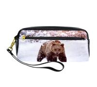 Astuccio portapenne con orso marrone nella foresta innevata, astuccio in pelle PU con cerniera, per ragazzi e ragazze, articoli per la scuola e l'ufficio