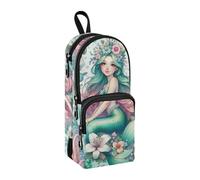 Astuccio portapenne con una ragazza sirena circondata da delicati fiori, grande capacità, con scomparto per studenti, a forma di zainetto, organizer per cancelleria, astuccio per matite e pennarelli,