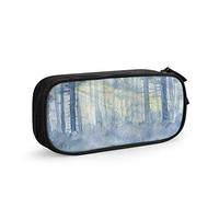 Astuccio portapenne di grande capacità con foresta nebbiosa ad acquerello, bellissimo paesaggio mattutino nebbioso abete tronchi di abete vernice semplice borsa di cancelleria per scuola ufficio