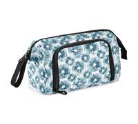Astuccio portapenne di grande capacità, in tela, per trucchi, per ufficio, università, scuola, bambini, adolescenti, studenti, blu scuro, motivo floreale tie-dye, Modello a forma di fiore tie-dye blu