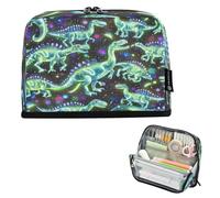 Astuccio portapenne grande capiente, 21,1 x 15 cm, motivo: dinosauri neon in stellato
