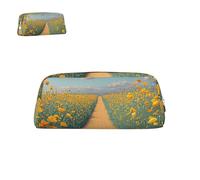 Astuccio portapenne in pelle con campo di papaveri e strada di mattoni gialli con cerniera, astuccio portapenne portatile ed estetico, portapenne impermeabile, grazioso astuccio portapenne per uffici