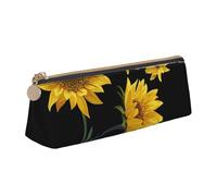 Astuccio portapenne in pelle con sfondo nero girasole dal design sottile con cerniera metallica, formato tascabile per studenti, ufficio, università, scuola media, bianco, Taglia unica, Set di zaini