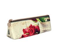 Astuccio portapenne in pelle con stampa di fiori rossi con rosa triangoli astuccio portatile con cerniera per ufficio, bianco, Taglia unica