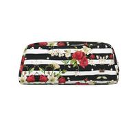 Astuccio portapenne in pelle con stampa di rose rosse a righe bianche e nere, elegante e pratico, per studenti, perfetto per ufficio e scuola, Oro, Taglia unica, Astuccio per trucchi