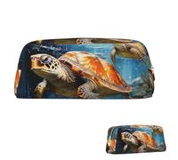 Astuccio portapenne in pelle di grande capacità, astuccio portapenne estetico con cerniera, astuccio portatile con grande tartaruga che nuota nel mare, per donne e uomini