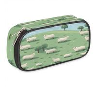 Astuccio portapenne in pelle di pecora con gregge di grande capacità, organizer per cancelleria, astuccio con cerniera, per ragazzi e ragazze, con pecore sul prato di collina, per scuola, università,