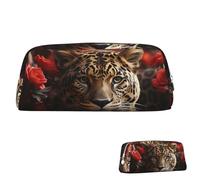 Astuccio portapenne in pelle, grande capacità, portapenne estetico, organizer con cerniera, portatile, grande rosa rossa e tigre, per donne e uomini