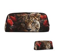 Astuccio portapenne in pelle, grande capacità, portapenne estetico, organizer con cerniera, portatile, grande rosa rossa e tigre, per donne e uomini