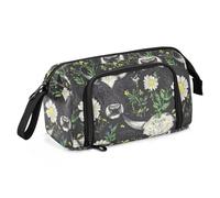 Astuccio portapenne nero con motivo floreale con mucca, grande capacità, astuccio multifunzionale per matite e cosmetici, per insegnanti universitari