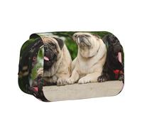 Astuccio portapenne portatile a doppio strato con motivo a forma di carlino, motivo: "Amicizia con carlino, Bokeh, Cani, Animali domestici, Amici"