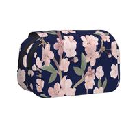 Astuccio portapenne portatile a doppio strato con motivo floreale di ciliegio e sakura, blu navy