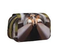 Astuccio portapenne portatile a doppio strato con motivo Rough Collie Bokeh Railway Dogs Pets Rough