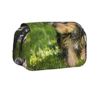 Astuccio portapenne portatile a doppio strato con motivo Yorkshire Terrier, motivo: erba verde e simpatici cani